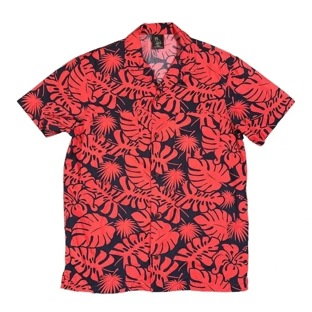 OVO October's Very Own Spellout Floral Red Hawaiian  Button S/S Shirt Mens Small